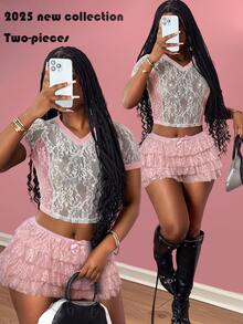 Slaydiva Pink Floral,Summer,Cute,Party Women's 2-Piece Set,Lace Patchwork Rhinestone V-Neck Short Sleeve Top&Multi-Layer Ruffle Mini Shorts,Y2k Streetwear Rave - Pink - View 3