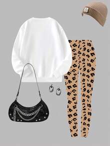 1 Set Young Girls Casual Fashionable Cute Cartoon Leopard Print Bow Rabbit & Bear Pattern Crew Neck Long Sleeve Sweatshirt And Leopard Print Leggings Outfit, Suitable For Outings In Autumn/Winter