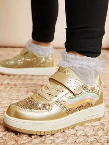 Mini mi 奇思妙想的儿童彩虹条纹多闪金色运动鞋——适合上学、可爱、舒适、轻便，适合从操场到商场穿着