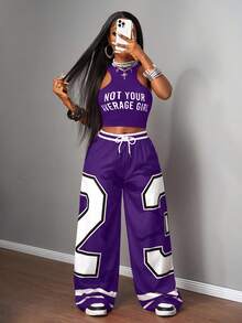 Slaydiva 2025新款夏季休闲截图性感运动风球服圆领工字背心口号Logo白色字母印花截角红色背心+阔腿裤长裤23号红色迷彩条纹印花梭织裤女士两件套套装-B - 紫色 - 查看 5