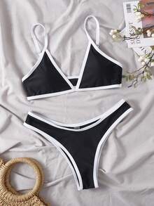 Swim SXY Contrast Color Trim Spaghetti Strap Fashionable Summer Beach Bikini Swimsuit - Black - View 4