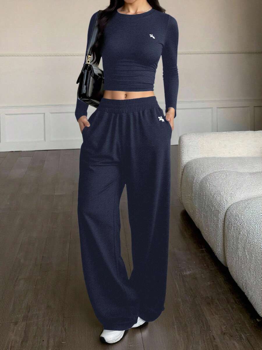 SHEIN Bộ 2 món/Bộ áo len cổ tròn tay dài thêu màu xám đơn giản cho bé gái tuổi teen và quần nỉ thêu cơ bản đa năng, thích hợp cho mùa xuân, mùa thu, mùa đông, trở lại trường học, mặc nhiều lớp - Màu xanh hải quân - Xem 1