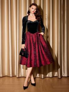 Vintamour Váy nữ cổ điển thanh lịch, váy dài tay bằng vải nhung và vải jacquard chắp vá, cổ đứng, túi, viền loe, màu đen và đỏ tía - Đỏ và đen - Xem 3