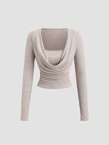 Sweetra 优雅复古风格女式两件套，垂坠领口设计，简约时尚，修身直筒剪裁，适合休闲、工作和日常穿着，秋冬 - 杏色 - 查看 8