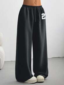 SHEIN EZwear 女式休闲 23 图案印花抽绳腰宽松运动裤，适合秋冬季、日常穿着和返校季 - 深灰色 - 查看 5