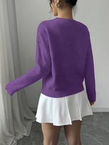 Elenzga 女式圆领花卉图案纯色套头毛衣 - Bold Plum - 查看 2