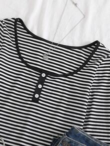 Áo thun cardigan cổ tròn kẻ sọc dài tay đa năng cho bé gái tuổi teen, mùa thu/đông - Đen và trắng - Xem 3