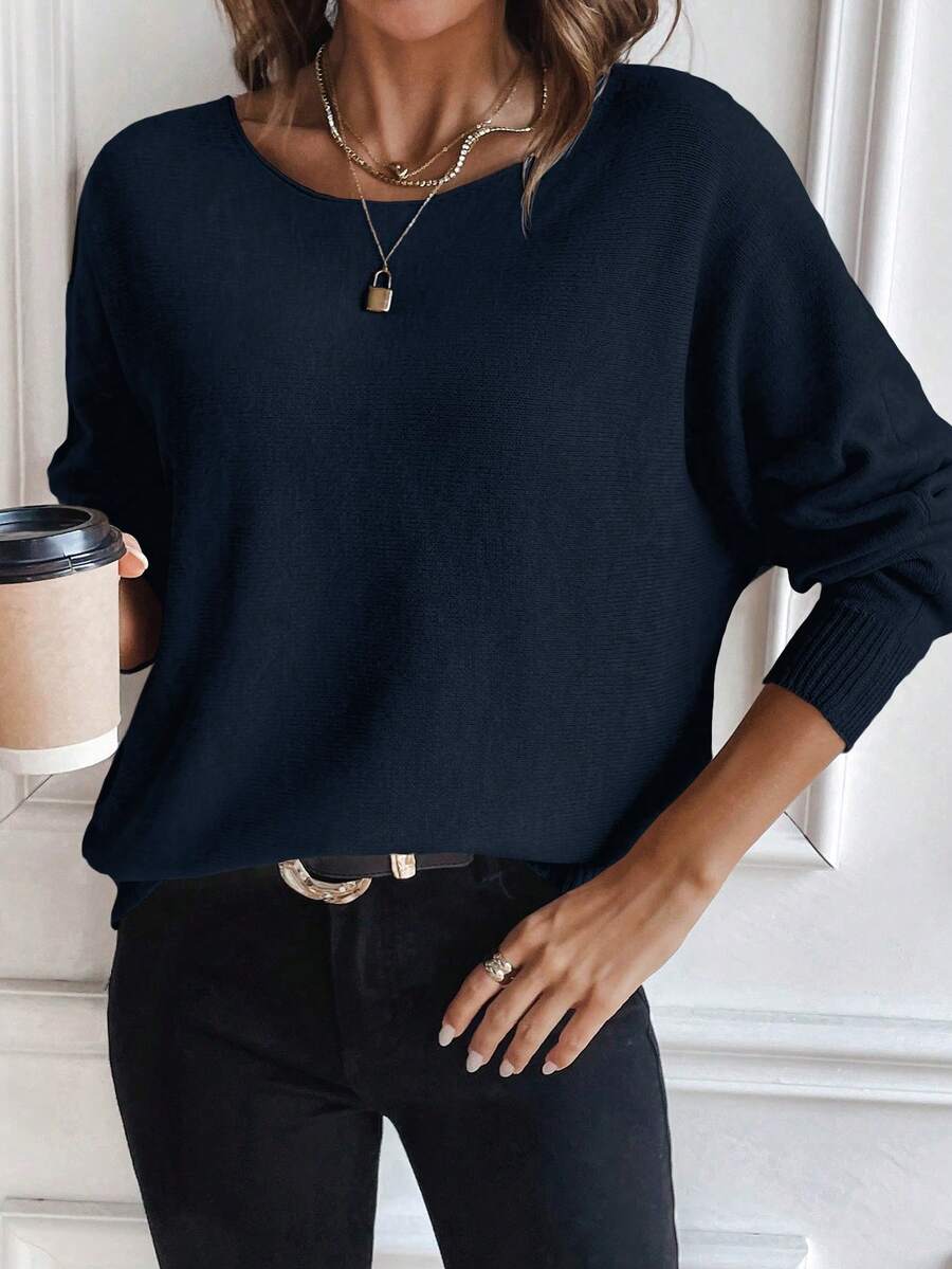 SHEIN LUNE 休闲百搭纯色蝙蝠袖女式毛衣 - 藏蓝色 - 查看 1