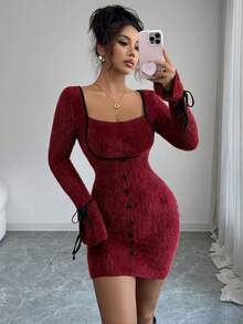 Modelyn Women's Tie Elegant Short Dress, Autumn/Winter - Burgundy - View 7