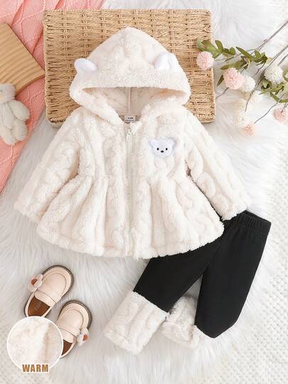 SHEIN Baby Girls' Bear Embroidery Hoodie Fluffy Jacket With Fluffy Pants Suit, Cute For Autumn/Winter