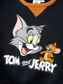 TOM & JERRY X SHEIN 小男孩卡通图案拼色圆领落肩长袖休闲卫衣 - 彩色 - 查看 5