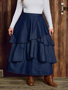 EMERY ROSE 秋冬大码女式纯色水洗牛仔裙 - 深色水洗藍 - 查看 6