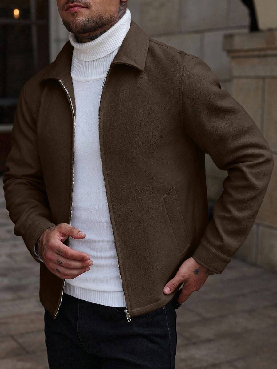 Manfinity Homme Áo khoác nam dài tay màu trơn có khóa kéo thường ngày, áo khoác bomber màu cà phê thu đông, áo khoác nam có khóa kéo, áo khoác nam ngắn thường ngày cho nam, áo khoác màu nâu - Cà phê nâu - Xem 1