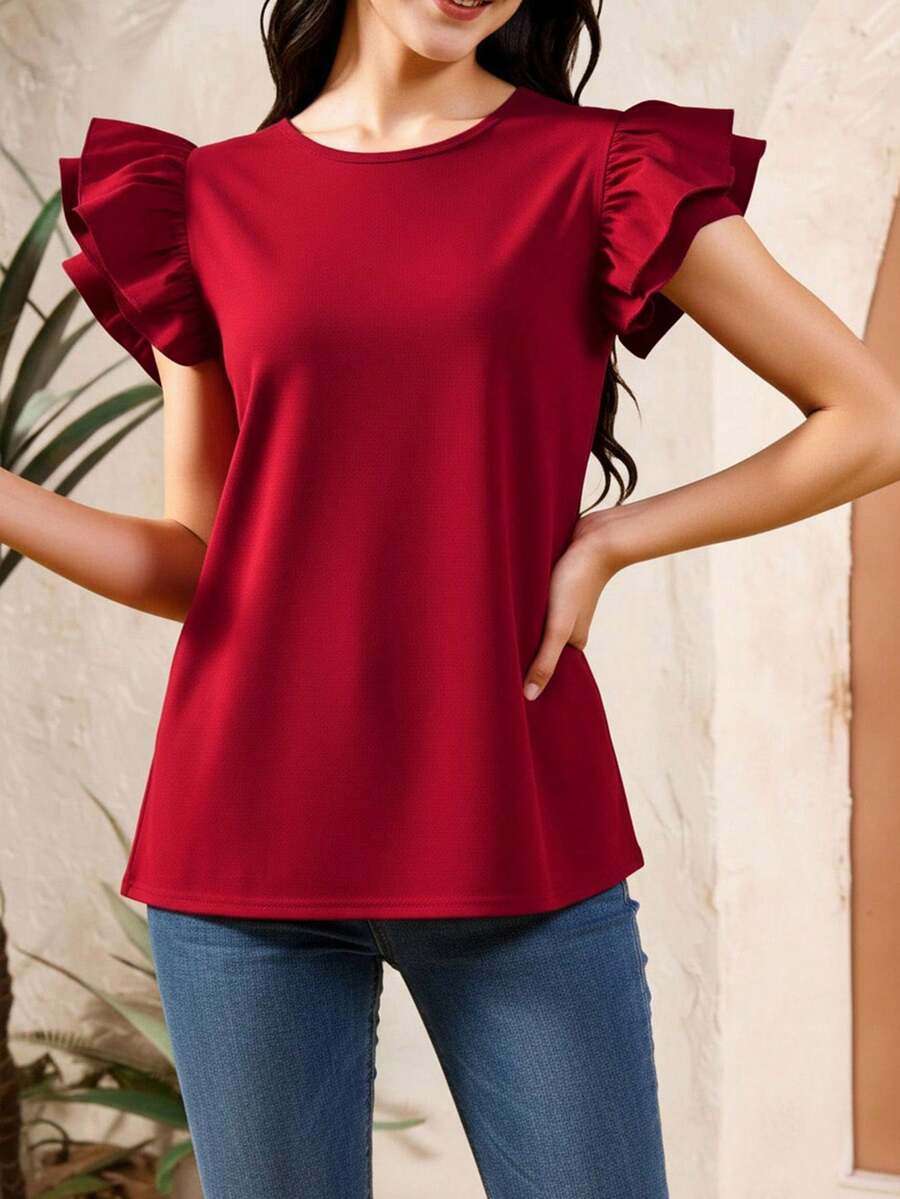 Blusa con mangas globo y volantes en el bajo para adolescentes, color liso - Rojo - Ver 1