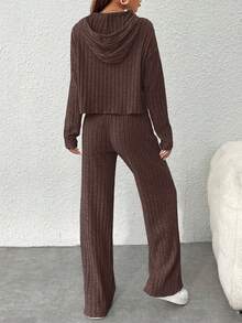 SHEIN PETITE Bộ 2 món áo hoodie và quần trơn màu thường ngày dành cho nữ - màu nâu - Xem 2