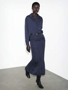 Lumivelle 2pcs Women's Elegant Navy Blue Striped Shirt And Skirt Set, High-Quality For Daily Commute Navy Blue Outfit Women Shirt Suits Shirt Dresses Long Shirts - Navy Blue - View 5