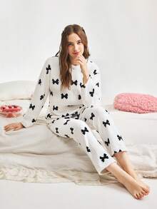 Bonmuse 珊瑚绒格子蝴蝶结睡衣套装（2件套），冬季睡衣，简约印花睡衣套装，两件套，秋冬服装