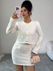 Selianne Elegant Solid Color Cardigan & Knit Skirt Suit, Suitable For Commuting - White - View 3