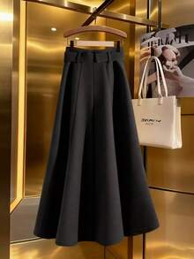 Franclia 女士纯色口袋A字裙，优雅通勤 - 黑色 - 查看 2