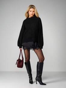 MISSGUIDED 圣诞主题宽松针织毛衣，饰有撞色雪纺蝴蝶结，长袖套头衫，适合秋冬季穿着。 - 黑色 - 查看 2