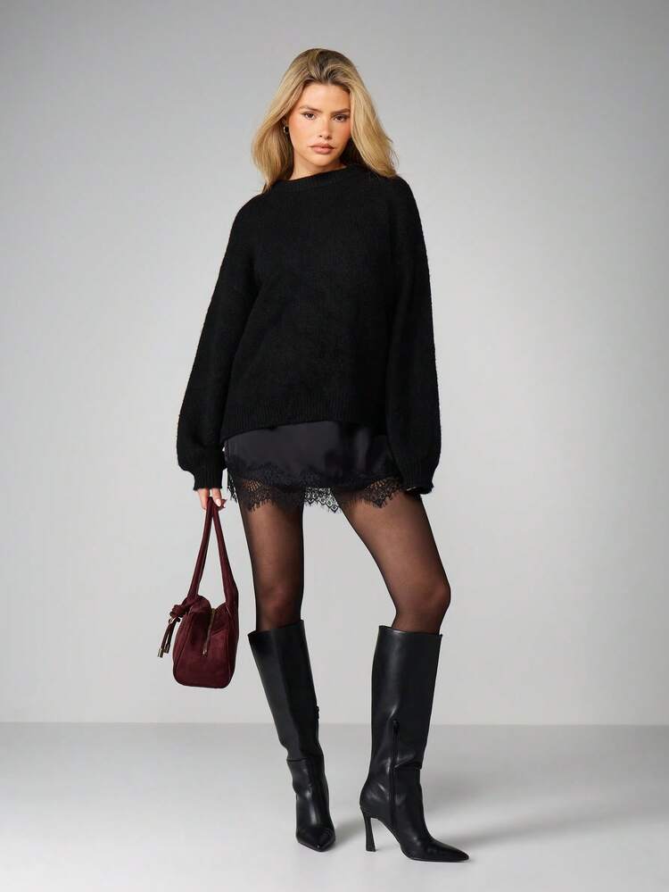 MISSGUIDED Christmas Oversized Knit Sweater With Contrast Chiffon Bow Detail Long Sleeve Pullover For Fall Winter