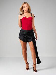 MISSGUIDED Contrast Mesh Velvet Bow Detail Corset Top With Tie Shoulder Straps Bustier - Red - View 3