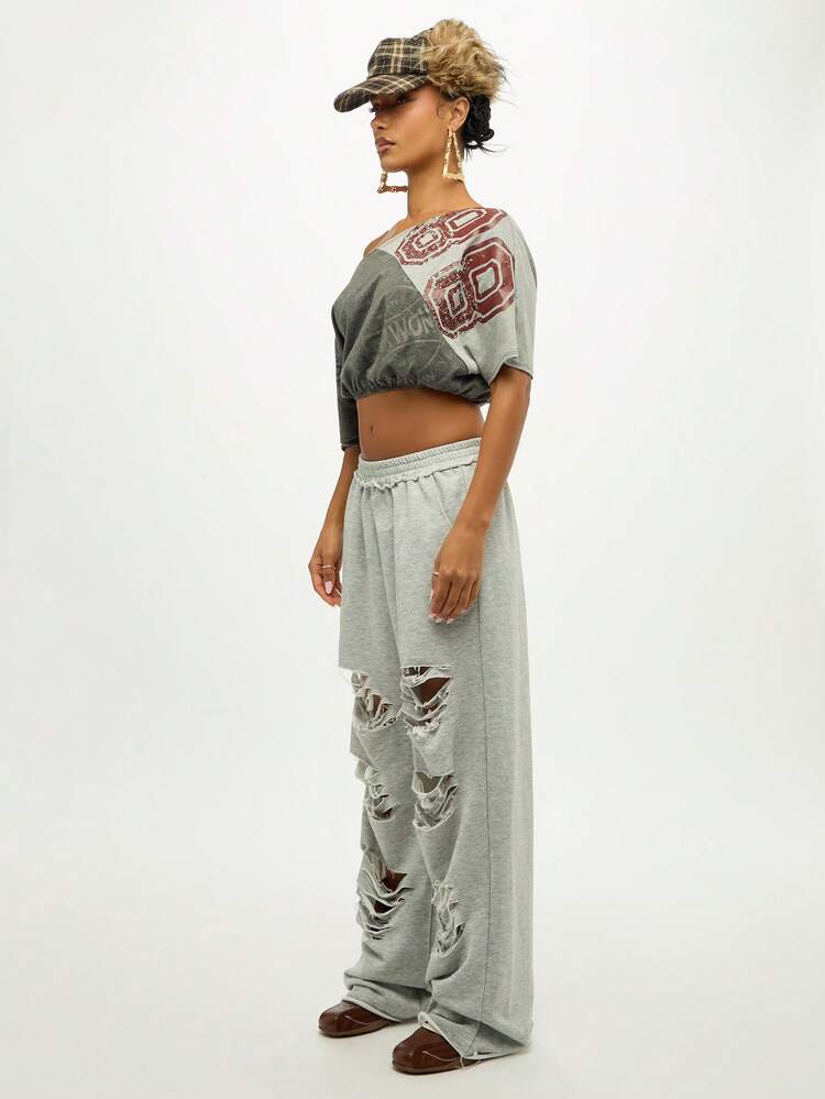 Plus Size Off Shoulder Patchwork Vintage Graphic Sweatshirt With University Print