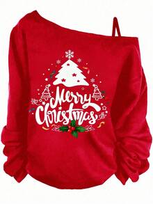 SHEIN Essnce Camiseta casual de mujer con tirantes finos y manga larga, color rojo, con estampado de Feliz Navidad, adecuada para Navidad - Rojo - Ver 1