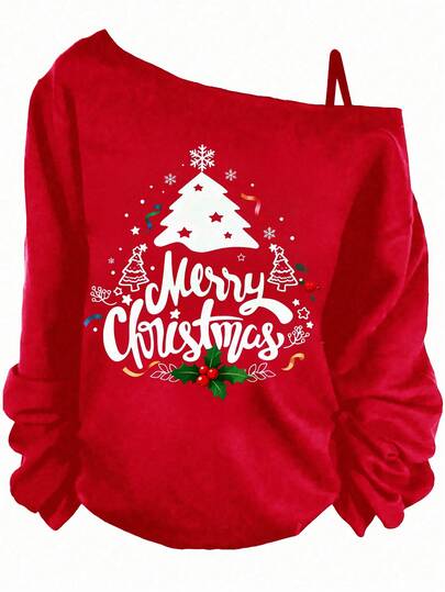 SHEIN Essnce Casual Spaghetti Strap Long Sleeve Women's T-Shirt, Red, Merry Christmas Print, Suitable For Christmas