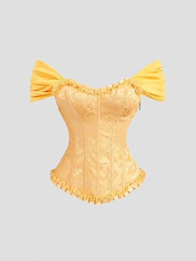 Sweetra Blusa de hombros descubiertos con volantes, de estampado floral jacquard y empalmes de moda para mujer