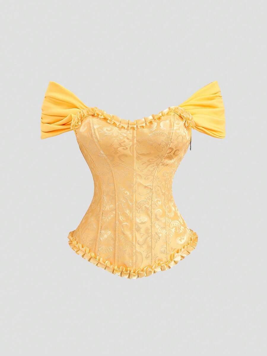Sweetra Women's Floral Jacquard Splice Ruffle Off Shoulder Fashionable Blouse - Gold - View 1