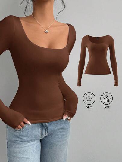 SHEIN BASICS Dam Casual Enfärgad Stickad Figurnära Långärmad Rund Halsad T-shirt Vanlig Playera Manga Larga Dama Vit Topp Långärmad Enkla Långärmade Toppar