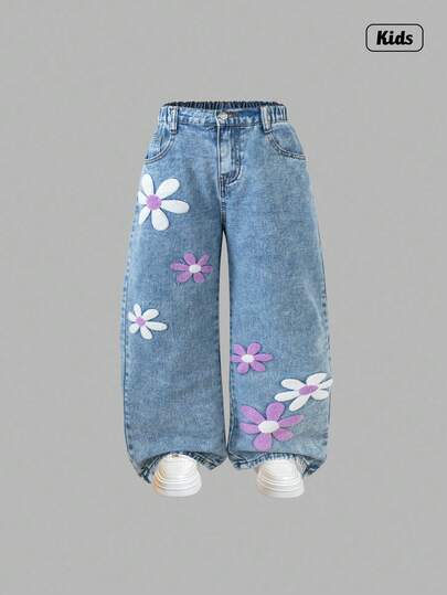 Sweetra 少女时尚雪花水洗花卉刺绣阔腿牛仔裤