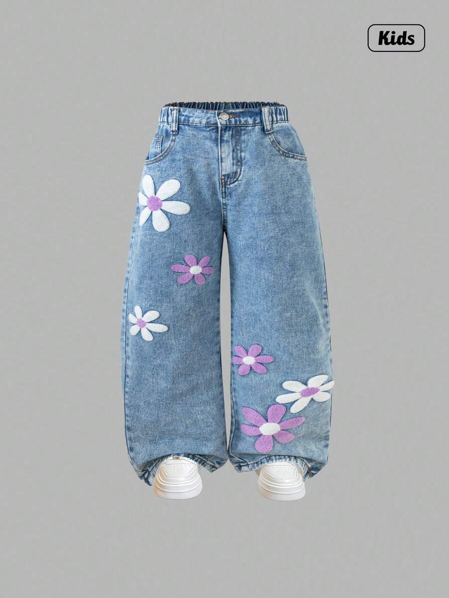 Sweetra 少女时尚雪花水洗花卉刺绣阔腿牛仔裤 - 淺藍色 - 查看 1