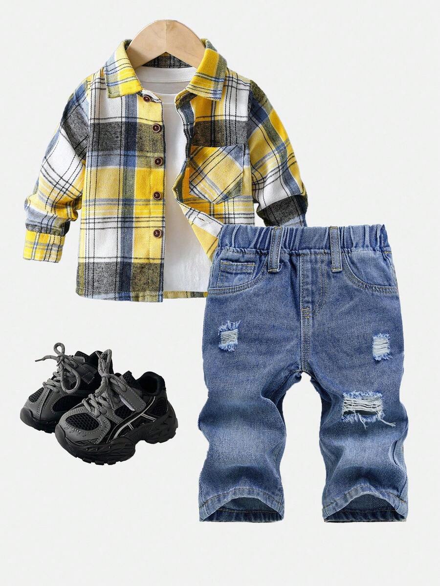 SHEIN Quần jeans ống đứng rách màu xanh denim cổ điển cho bé trai mới biết đi - Rửa nhẹ - Xem 1