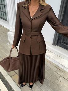 Pariaura Brown Blazer Jacket + Pleated Skirt Suit Set, Fashionable & Elegant, Suitable For Outing, Date, And Work - Coffee Brown - View 3