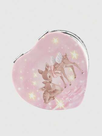 Kawaii 1 pièce Miroir de maquillage compact en forme de cœur en PU rose avec nœud papillon, motif aléatoire