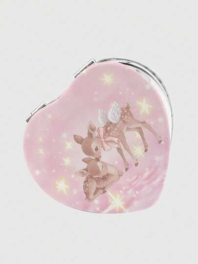 Kawaii 1 Stück rosa Schleife PU Herzförmiger Make-up Kompaktspiegel, zufälliges Muster