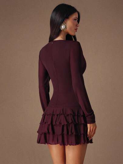 BAE Bordeaux Elegante Bodycon Mini Dress Layered Ruffle Hem, Date Night, Clubbing, Birthday Cocktail view 2