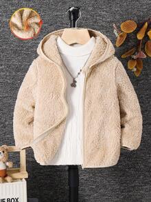 SHEIN Young Boy Casual Hooded Fleece Jacket, Suitable For Thanksgiving, Christmas, Winter - Apricot - View 3