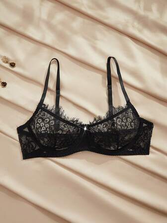 FairyFlirt Women's Black Lace Eyelash Trim Pearl Button Decor Fashion Versatile Bra