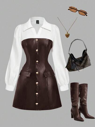 SHEIN MOD Women's Fashion Commuter Color Block PU Shirt Dress