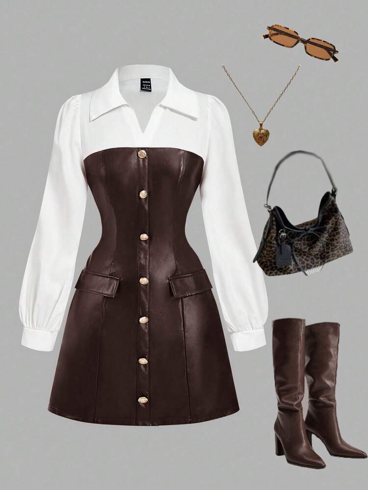 SHEIN MOD Vestido camisa de PU con bloques de color para mujer - Marrón - Añade 1