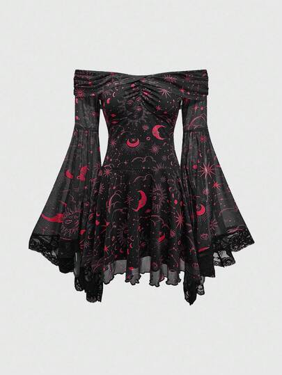Goth Vestido de malla con estampado de estrella y luna retro gótico, con hombros descubiertos y mangas acampanadas
