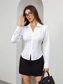 SHEIN Tall Áo sơ mi nữ tay dài cài cúc, kiểu dáng trơn, xếp ly, thanh lịch, thích hợp cho công sở, giáo viên, đi học, mùa thu. - trắng - Xem 4