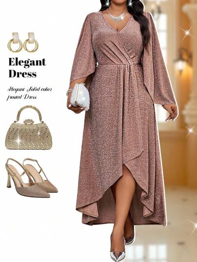 Fleurora Spring And Summer Autumn And Winter Elegant Party Wedding Valentine's Day Cocktail Party Concert/Music Festival Knitted Overlap Collar Flared Split Flounce Sleeve Plus Size Dress Sparkly Dress Shiny Dress Glitter Dress Elegant Dresses For Women Elegant Dress  Elegant Dresses For Ladies Elegant Dresses For Party Party Dress Elegant Party Dresses For Women Party Dresses For Women New Year Clothes New Year Dress New Year Look