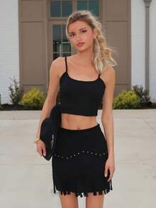 Sydney Algeri 女式复古嬉皮铆钉流苏黑色绒面革 A 字裙，秋季裙子，纳什维尔服装，海盗裙 - 黑色 - 查看 1