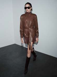 Lumivelle Women's Winter Jacket Fashion Series, Collar, Waist Tie, Pockets, Faux Leather PU Short Coat - Brown - View 4