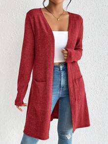 SHEIN Essnce Dual Pocket Open Front Coat Without Cami Top In Fall/Winter Red For Women's Summer Red Cover Up Red Sweater Red Coat - Rose Red - View 7