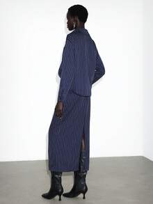 Lumivelle 2pcs Women's Elegant Navy Blue Striped Shirt And Skirt Set, High-Quality For Daily Commute Navy Blue Outfit Women Shirt Suits Shirt Dresses Long Shirts - Navy Blue - View 2